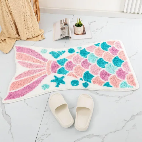 Vista 8 de Bonita alfombra de baño de sirena, divertida alfombra de baño con forma de cola de pez océano azul, escamas de sirena, para baño, antideslizante