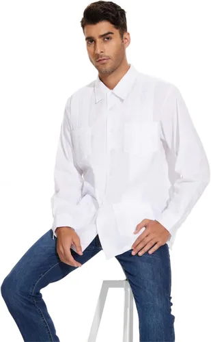 Vista 3 de MAXJON Camisas de manga larga Guayabera para hombre, camisas cubanas