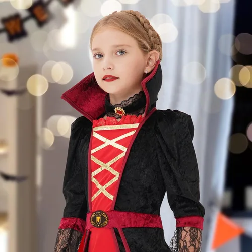 Vista 2 de JaosWish Disfraz de vampiro para niñas, disfraz de Halloween para niños, fiesta de disfraces, cosplay, reina de vampiro victoriana gótica real