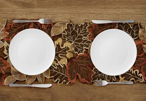 Vista 4 de Camino de mesa de otoño de 13.7 x 34 pulgadas con hojas de arce bordadas, decoración de mesa de café de comedor con temática de cosecha de Acción