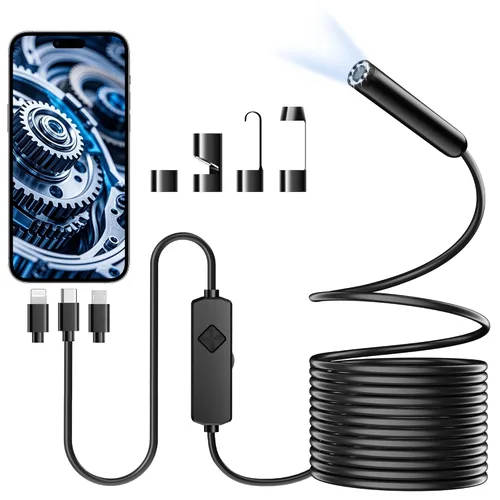 Vista 8 de Cámara endoscopio con luz, boroscopio HD 1920P con 8 LED ajustables, cable de serpiente semirrígido, cámara de inspección impermeable IP67 para iOS