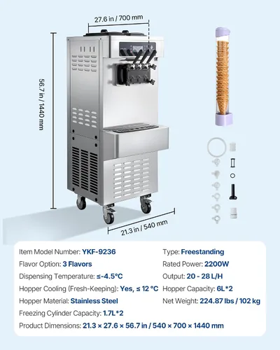 Vista 7 de VEVOR Máquina de helados comercial, 20-28L/H de rendimiento 2200 W, máquina de helado suave independiente con 3 sabores, 2 tolvas de 6 L, bomba