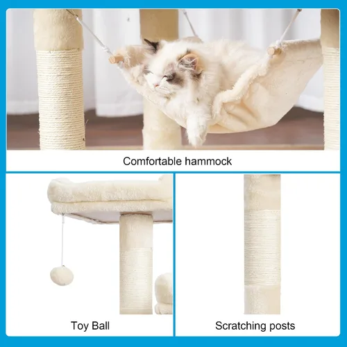 Vista 6 de Hey-brother - Mueble grande de casita de gato multinivel con postes rascadores cubiertos de sisal, 2 condominios de felpa más grandes, hamaca Beige