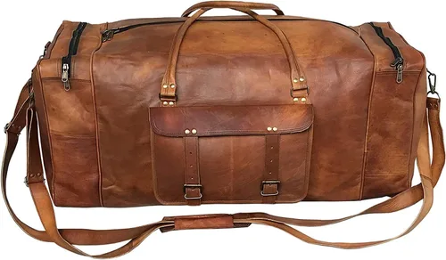 Vista 2 de Bolsa grande de cuero para viaje, 32 pulgadas, de lona, artesanal, para viaje de fin de semana, de noche, gimnasio, deportiva, para hombre y mujer