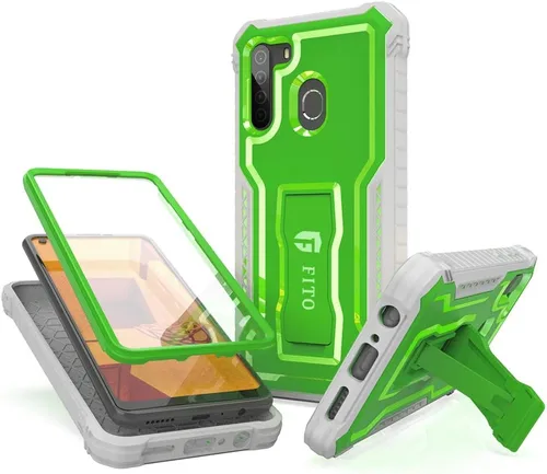 Vista 9 de FITO Funda para Samsung Galaxy A21, doble capa a prueba de golpes resistente con protector de pantalla para teléfono Samsung A21, soporte Azul