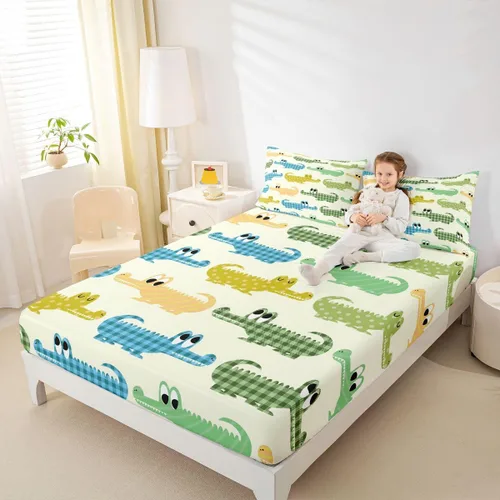 Vista 8 de Erosebridal Juego de ropa de cama de cocodrilo para niños, tamaño individual, lindo juego de sábanas de cocodrilo de dibujos animados para niños
