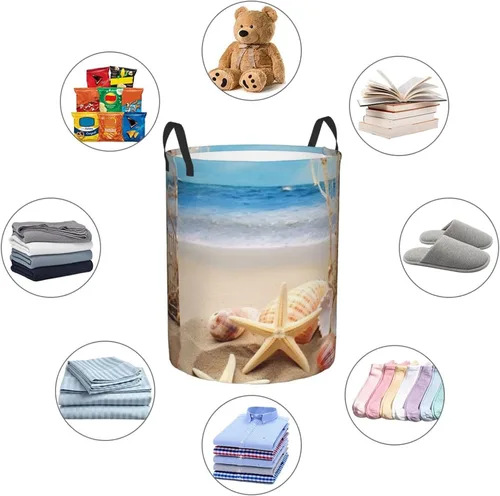 Vista 6 de Cesta circular impermeable con estampado de estrellas de mar y conchas marinas, cesta organizadora de ropa sucia con asas para ropa, juguetes