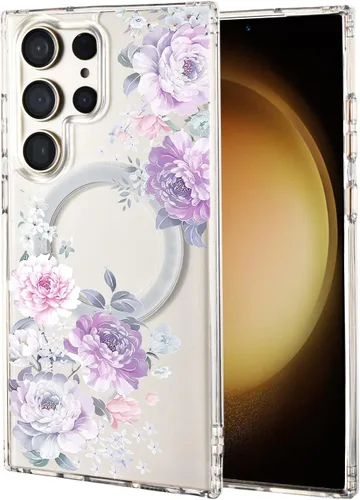 Vista 45 de Funda magnética para Samsung Galaxy S22 Ultra Flower, compatible con MagSafe, patrón floral transparente a prueba de golpes, parte trasera