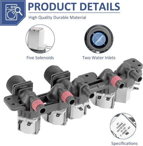 Vista 3 de AJU73213301 AJU75152601 5221EA1008F Válvula de entrada de agua compatible con lavadora LG Kenmore reemplaza AJU75152602 AP5668417 TAW35618287