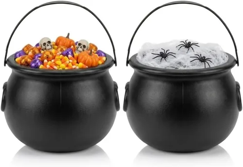 Vista 22 de PMU Caldero de Halloween 6 piezas de 3 pulgadas pequeño de bruja de plástico para caldero negro, para decoración de Halloween