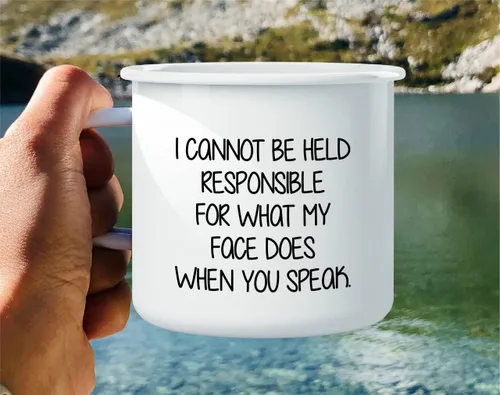 Vista 4 de Retreez Taza de café con texto en inglés "I Cannot Be Held Responsible For What My Face Does When You Speak When You Speak", de acero inoxidable