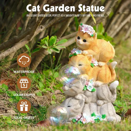 Vista 6 de Estatua de gato solar para jardín - Estatua de gato de resina decorativa para exteriores con luces LED para arte de jardín al aire libre, adornos