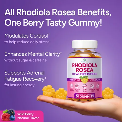 Vista 3 de Gomitas de Rhodiola Rosea sin azúcar (1500 mg/porción) Cortisol Detox y apoyo suprarrenal Rhodiola Rosea Suplemento para el estado de ánimo