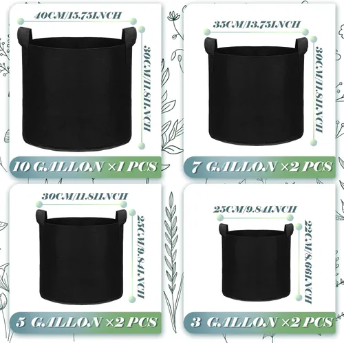 Vista 2 de Hoolerry Paquete de 7 bolsas de cultivo de plantas negras de varios tamaños, bolsas de cultivo no tejidas gruesas en 4 tamaños, 10, 7, 5 y 3