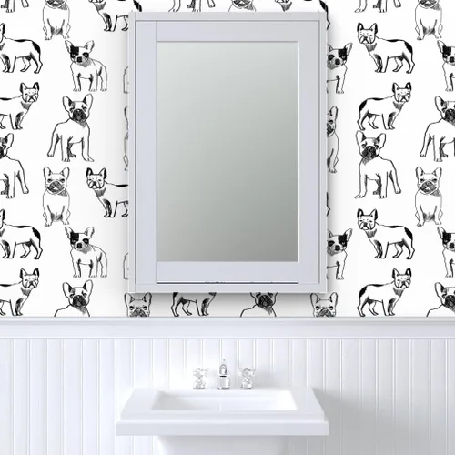 Vista 9 de Despegar y pegar papel tapiz muestra – Bulldog francés negro blanco perros Frenchie monocromo lindo cachorro papel pintado personalizado extraíble