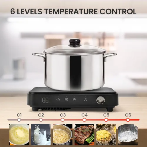Vista 4 de Placa de cocción de inducción portátil, placa de inducción de 1500 W con 6 ajustes de temperatura, 8 potencia, temporizador de 99 minutos, incluye