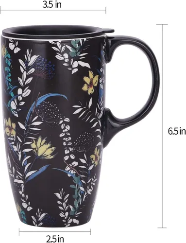 Vista 4 de DUSVALLY Juego de 2 tazas de viaje de cerámica con tapas, juego de tazas Juego de 2 tazas de café botánico de 17 onzas