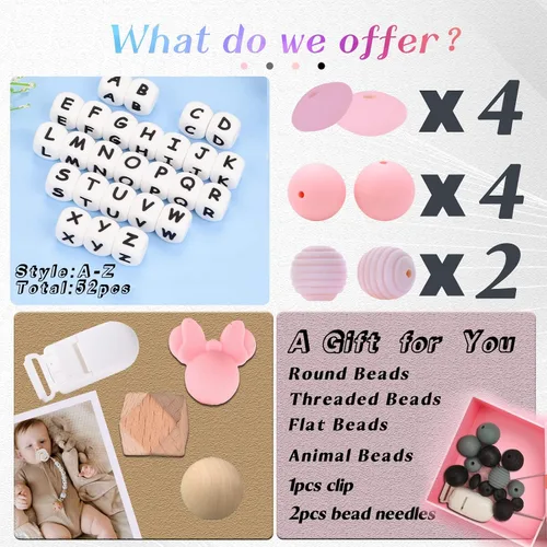 Vista 2 de Clip para chupete personalizado para niños y niñas, 2 juegos de 26 letras de silicona para cochecito con nombre, lindo y duradero, soporte
