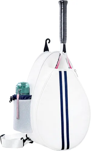 Vista 7 de Mochila de Tenis Cruzada de un Hombro de PU Blanco para Niñas, Bolsa de Tenis, Bolsa Bandolera para Raqueta de Tenis para Mujeres, con Portabotellas