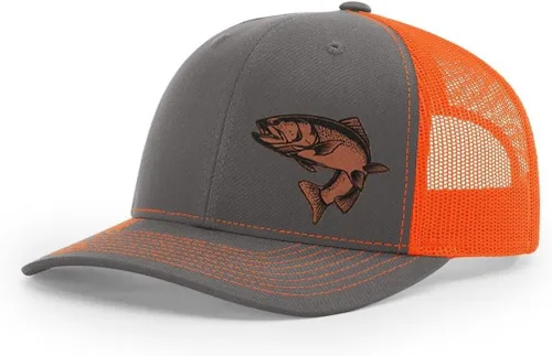 Vista 31 de Sombrero de pesca de trucha con parche de cuero grabado láser Richardson 112 Snapback Trucker Cap