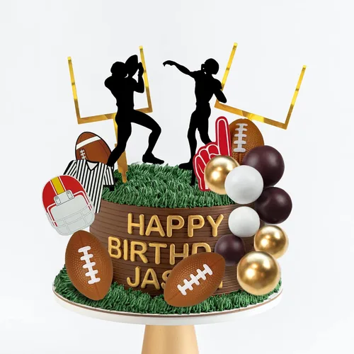 Vista 5 de Juego de 21 decoraciones de pastel de fútbol de 21 piezas, incluye acrílico de feliz cumpleaños, jugadores de pelota de rugby, decoración