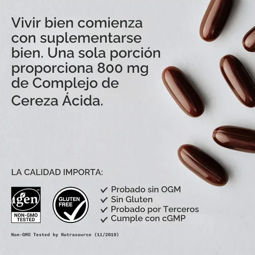 Vista 4 de Concentrado de cereza, hecho de cerezas orgánicas; sin OGM y sin gluten; con antioxidantes y flavonoides, 60 cápsulas líquidas, ¡2 meses