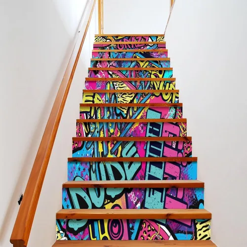 Vista 8 de Calcomanías modernas de grafiti en acuarela, calcomanías para escaleras para escaleras, abstracto, hip hop, ciudad, calle, pared, colorido, grafiti