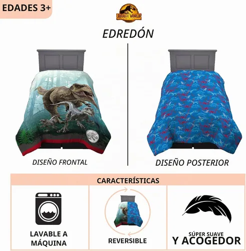 Vista 3 de Franco Ropa de cama para niños, edredón reversible de microfibra súper suave, tamaño individual/matrimonial, Jurassic World Dominion