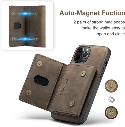 Vista 4 de Funda trasera desmontable 2 en 1 compatible con iPhone 12 Pro Max, funda tipo cartera con tarjetero y bolsillo de cuero, fundas delgadas para Café