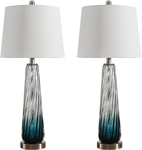 Vista 7 de Maxax Juego de 2 lámparas de mesa de cristal costero de 29 pulgadas, modernas lámparas de noche azules para sala de estar, lámpara de dormitorio
