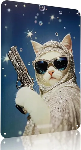 Vista 8 de Ydeaom - Divertido arte de pared de metal con diseño de gato, letrero de hojalata vintage con marco retro, póster de animales caprichosos para bar