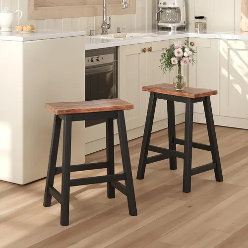 Vista 7 de Polibi Juego de isla de cocina de 3 piezas con 2 taburetes y 2 estantes, juego de mesa de comedor de madera de goma rústica con estantes abiertos