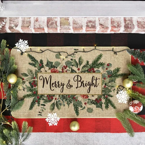 Vista 4 de Artoid Mode Merry&Bright Tapete de Puerta de Navidad con Hojas de Eucalipto y Acebo, Decoración del Hogar de Invierno y Navidad, Alfombra