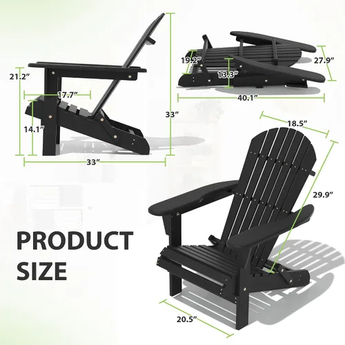 Vista 2 de Folding Adirondack Chair,Ergonomic Patio Wood Chairs with Wide Armrest,350LBS Weather Resistance Lawn Chair for Poolside,Outdoor Garden Lounge Black