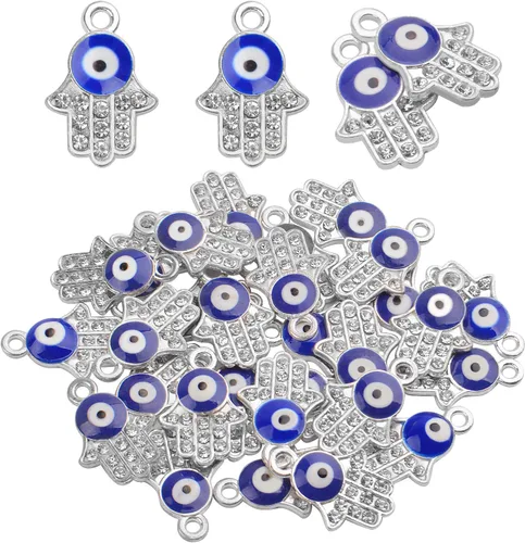 Vista 8 de 30 dijes antiguos de mano de Hamsa contra el mal de ojo de Fátima, accesorios de joyería para collares, pulseras, suministros de manualidades