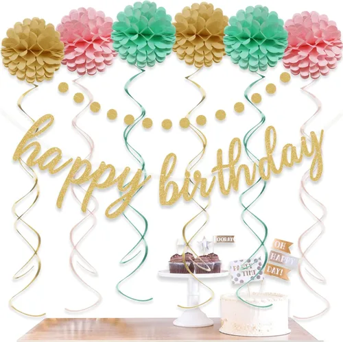 Vista 4 de Decoraciones de feliz cumpleaños rosa y dorado – Cartel dorado de feliz cumpleaños, flores con pompones, guirnalda de puntos circulares brillantes