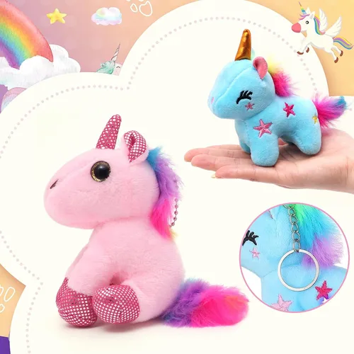 Vista 3 de Recuerdos de fiesta de unicornio, animales de peluche de unicornio para niñas, mini animales de peluche, llavero de peluche a granel, regalos