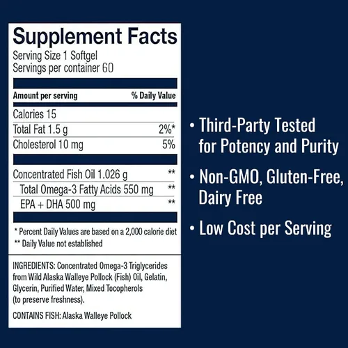 Vista 2 de AmerOmega Triglicérido 550 mg Omega-3 Aceite de pescado para apoyo a la salud cardíaca – Abadejo de lucillo de Alaska capturado en la naturaleza