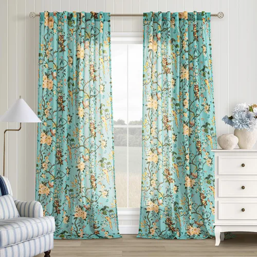 Vista 10 de Cortinas de lino de pájaro floral azul 2 paneles de 72 pulgadas de largo Aqua Blue
