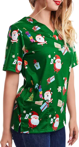 Vista 4 de Camiseta de manga corta con cuello en V para mujer, diseño de Navidad, color verde Navidad
