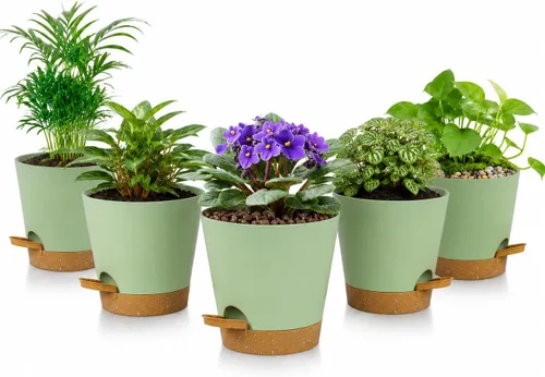 Vista 11 de Paquete de 12 macetas de riego automático de 4 pulgadas con drenaje y platillos, macetas de plástico para plantas de interior y exterior, macetas
