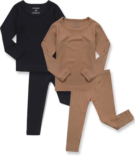 Vista 17 de AVAUMA Conjunto de pijama para bebés, niños y niñas, ajuste ceñido, con nervaduras, ropa de dormir para el estilo de vida diario Negro/Azul