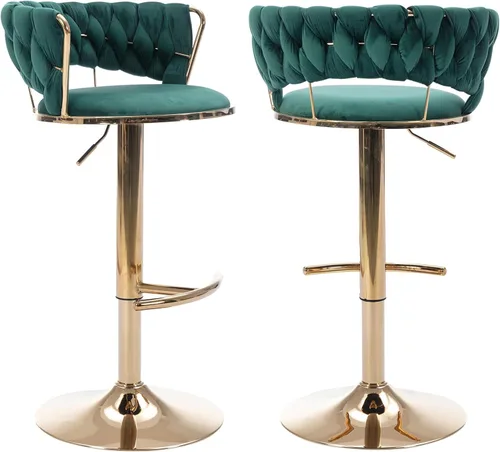 Vista 10 de Juego de 2 taburetes de bar giratorios de terciopelo, taburete de bar ajustable con respaldo tejido, sillas de comedor tapizadas, taburetes de bar