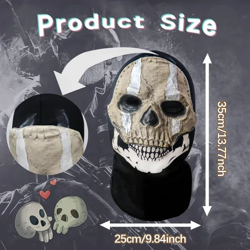 Vista 2 de Ponjauk Máscara completa de calavera fantasma para Halloween, fiesta de cosplay, juego de guerra, máscara de calavera fantasma aterradora