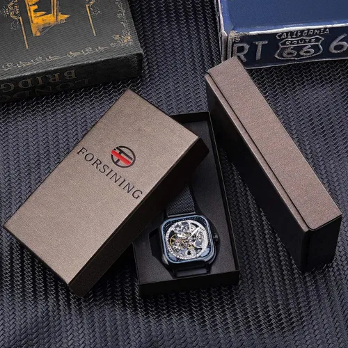 Vista 7 de FORSINING Relojes automáticos Reloj de pulsera mecánico dorado para hombre Relojes de esqueleto con esfera transparente de acero inoxidable