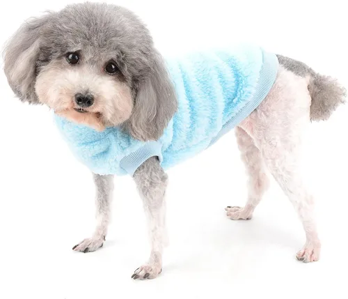 Vista 2 de Zunea Suéter de forro polar para perro, abrigo cálido de invierno para perros pequeños, ropa suave y mullida para cachorros con anillo en D para Azul