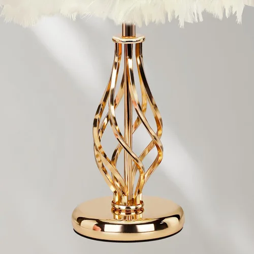 Vista 6 de Lámpara de Mesa de Pluma con Base de Jaula Espiral Dorada Única - Luz de 3 Temperaturas de Color, Perfecta para Mesita de Noche del Dormitorio