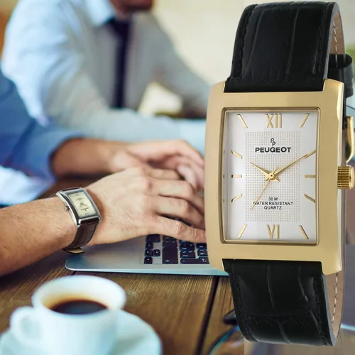Vista 4 de Peugeot - Reloj de pulsera para hombre con esfera de números romanos con textura rectangular y correa de cuero, Classic