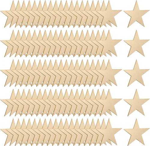 Vista 5 de yueton 100 piezas de madera de estrella en blanco sin terminar de 1.575 in/1.57 pulgadas, rebanadas de madera, adornos de estrella de madera