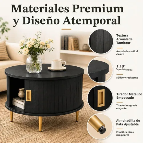 Vista 4 de ARTPOWER - Mesa auxiliar redonda de 31.5 pulgadas con almacenamiento, nogal Acabado de nogal negro